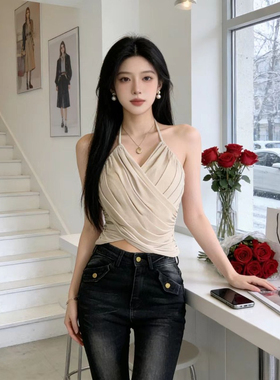 出片纯欲神衣性感小众交叉挂脖背心吊带女装夏季修身显瘦露腰上衣