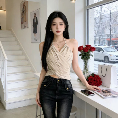 出片纯欲神衣性感小众交叉挂脖背心吊带女装夏季修身显瘦露腰上衣