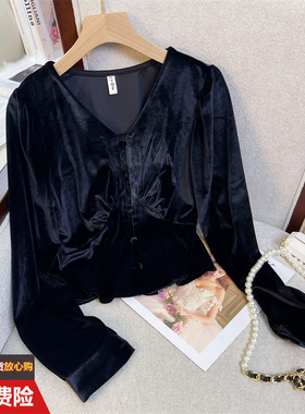 小香风丝绒V领短款衬衫2025秋冬女高端黑色长袖衬衣开衫气质上衣