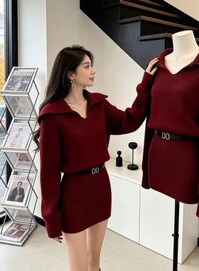 2026新款红色翻领针织包臀连衣裙女秋冬巨好看小个子收腰毛衣短裙