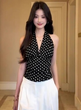 法式波点露背挂脖吊带背心女夏季新款气质v领黑色内搭外穿小上衣