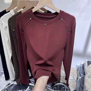 保暖上衣不规则薄绒加厚打底小衫 欧货铆钉别致纯棉长袖 T恤女秋季