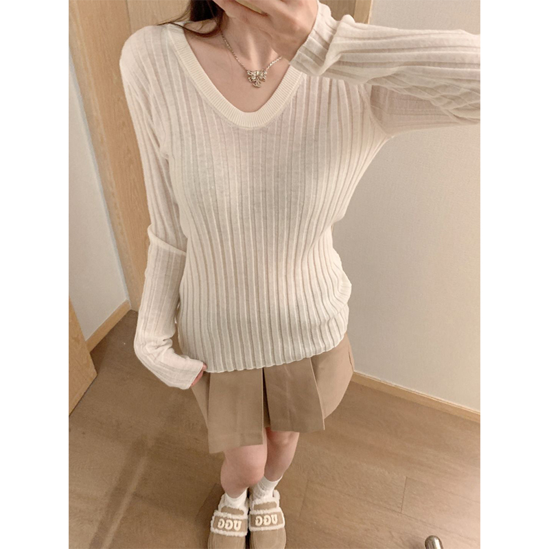韩系辣妹v领坑条针织毛衣女