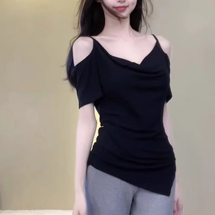 独特超好看吊带上衣 法式 气质御姐风一字肩短袖 T恤女2025夏季 新款