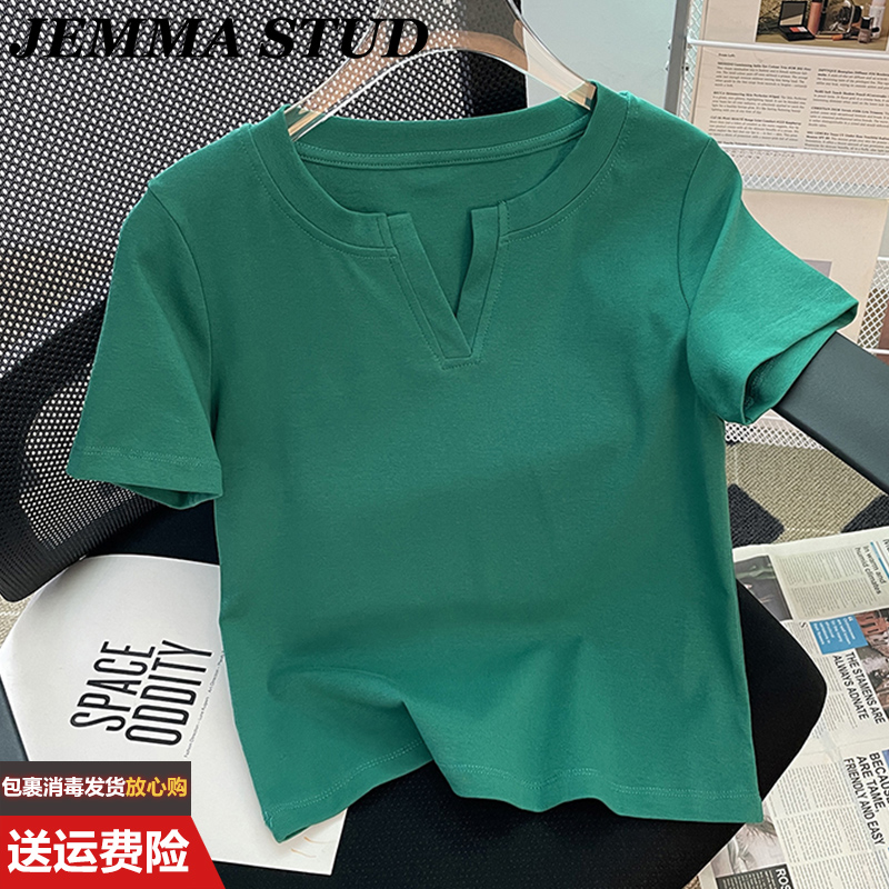 绿色纯棉短袖T恤女ins潮独特别致