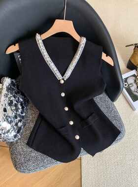 法式气质重工烫钻收腰V领黑色马甲背心女2025修身显瘦无袖上衣