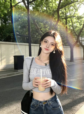 设计感小众独特设计感正肩长袖T恤女装百搭上衣夏季修身显瘦短款