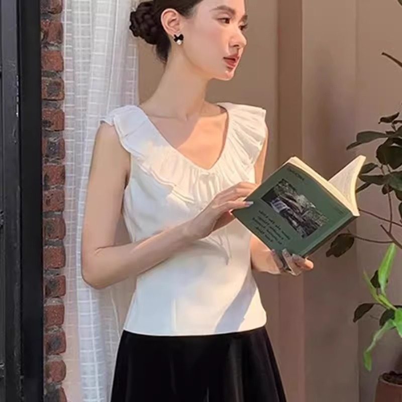 法式独特绝美荷叶领无袖衬衫女夏季新款白色超好看漂亮气质小上衣