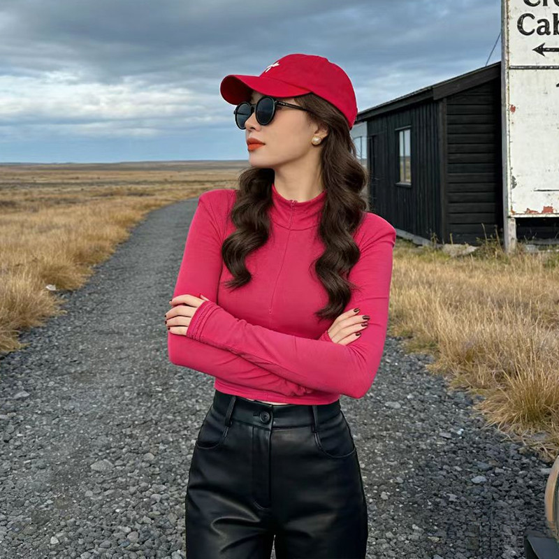 设计感小众半高领内搭长袖T恤女2026春季打底衫修身显瘦玫红上衣,女装/女士精品,T恤,淘宝优惠券,粉丝福利购,淘宝优惠卷