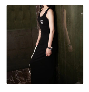 t恤连衣裙 高腰长裙显瘦无袖 2025春夏黑色印花背心吊带裙韩版 修身