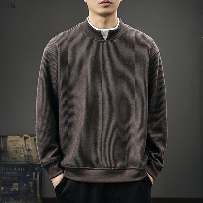 2025秋季新款复古竖纹纹理感立领卫衣男550g重磅撞色宽松简约上衣