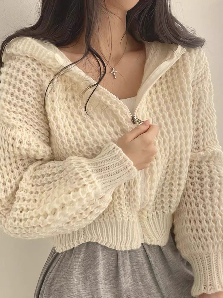 秋冬女装批新款发chic百搭慵懒连帽拉链短款宽松针织开衫毛衣外套