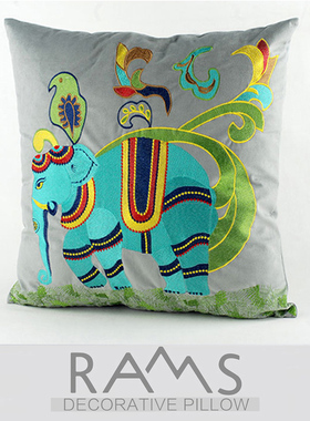 灰色靠枕高档刺绣靠包大象东南亚样板房美式客厅沙发装饰靠垫抱枕