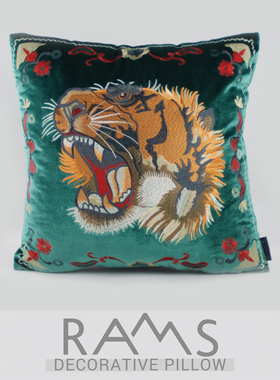 美式沙发靠垫抱枕样板房中式靠包套墨绿色老虎丝绒50刺绣方形靠枕