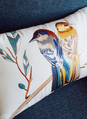 美式乡村田园小鸟刺绣全棉抱枕套靠垫套沙发腰靠腰垫套不含芯腰枕