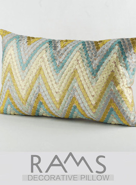 美式样板间靠枕沙发床头抱枕套现代靠垫几何刺绣黄色长腰枕可定制