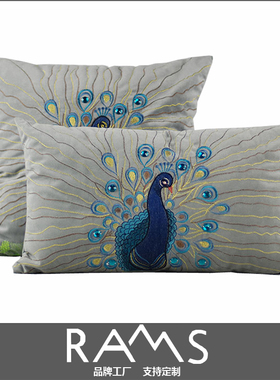 美式抱枕红木沙发靠垫新中式孔雀刺绣办公室靠背家具客厅床头靠枕