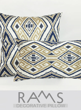 深蓝几何平纹绣 简欧现代美式样板房装饰腰枕30X50沙发腰枕套腰靠