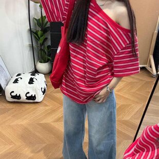 实价 95棉 5氨纶 螺纹领口 后包边 斜肩短袖条纹T恤女