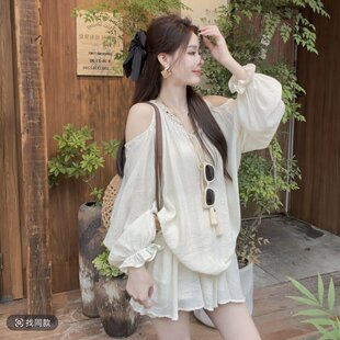 晓溪服饰韩系露肩气质宽松慵懒长袖显瘦衬衫裙裤时尚套装2325