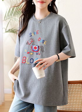 实拍休闲卡通刺绣短袖T恤女春季2026新款上衣大码欧货宽松女装