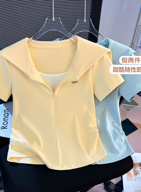 实拍假两件正肩短袖T恤女夏季2026新款设计感小众短款学院风上衣