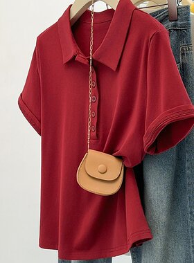 实拍2026夏装新款胖mm大码女气质休闲polo领正肩显瘦短袖T恤