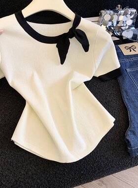 实拍新款恋综女主2026夏季蝴蝶结系带小上衣显瘦针织短袖t恤女