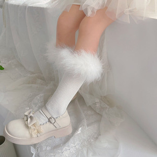 糖果色秋冬新品羽毛花边棉袜堆堆袜女童学生宝宝鸵鸟毛公主中筒袜