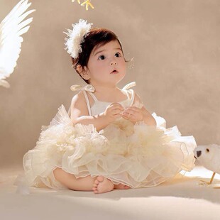 女童吊带周岁蓬蓬裙高级感重工不规则网纱花嫁公主裙生日礼服裙子