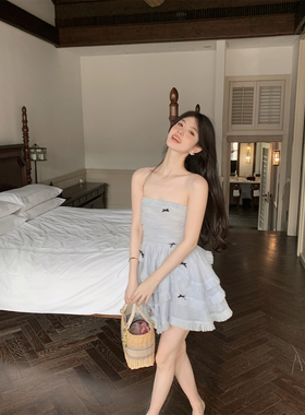 LXLILIUM【海盐悸语】多层蝴蝶结网纱抹胸裙女夏季蓬蓬蛋糕裹胸裙