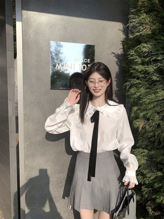 LXLILIUM 丝绒飘带大翻领学院风长袖白衬衫女设计感小众早秋上衣