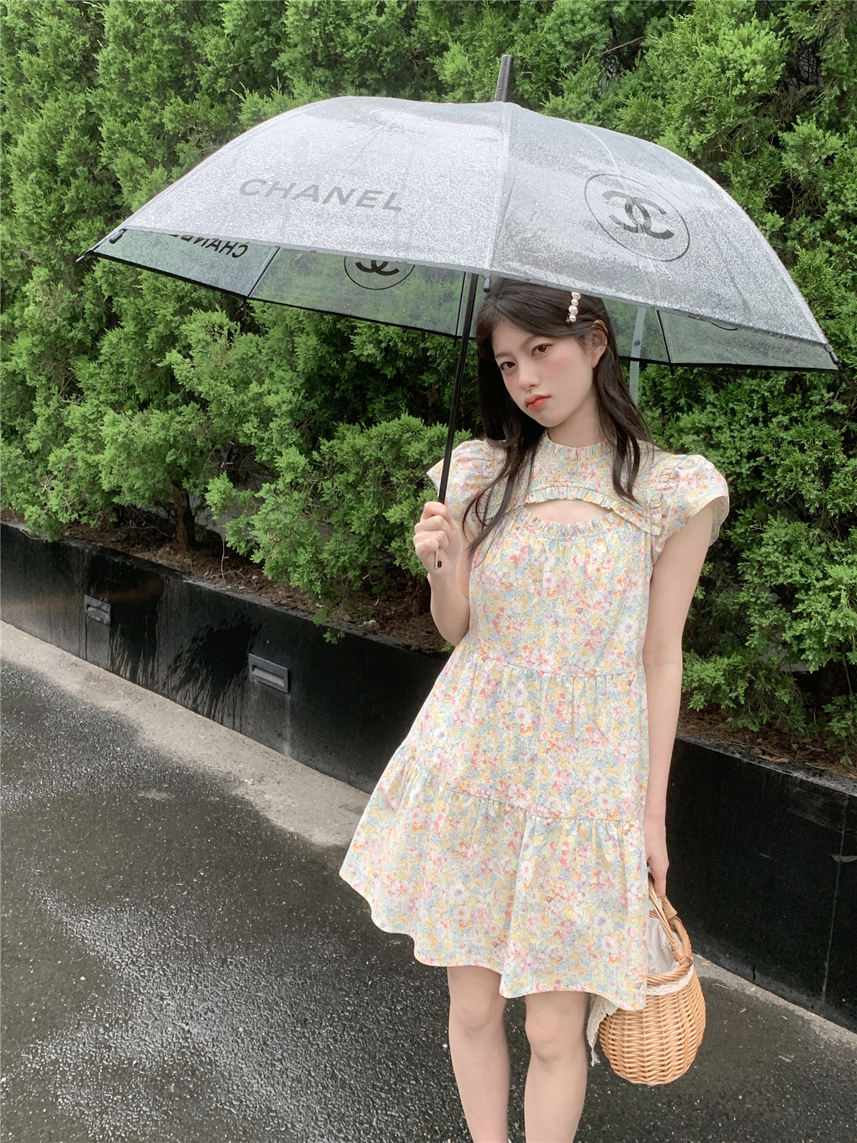 欧根纱A型法式碎花连衣裙