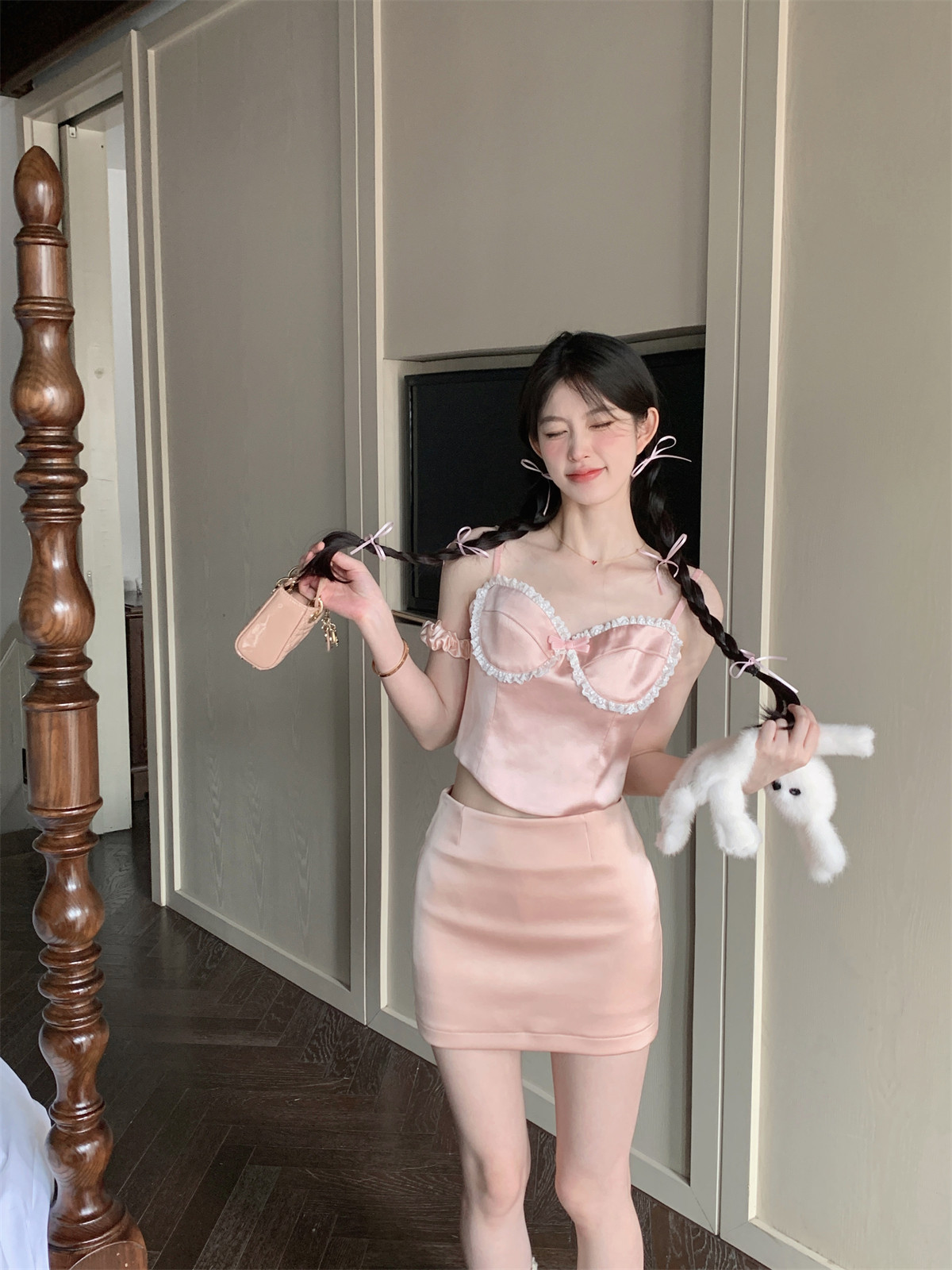 LXLILIUM【雾岛甜酒】缎面拼接蝴蝶结吊带背心女夏季短款裹胸上衣