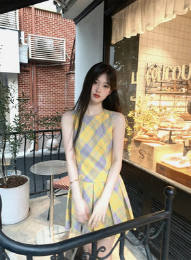 无袖格子连衣裙女夏季减龄背心裙