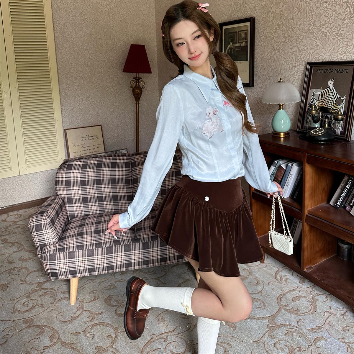 LXLILIUM【焦糖玛奇朵】棕色丝绒半身裙女秋季a字高腰蓬蓬短裙