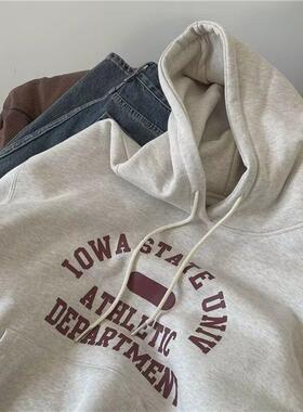 美式灰色印花抽绳连帽卫衣女春秋季慵懒港味chic宽松减龄帽衫外套