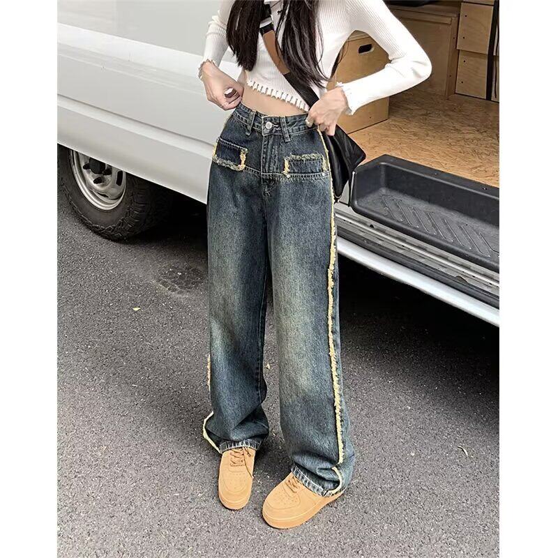 美式复古设计感毛边牛仔裤女秋季