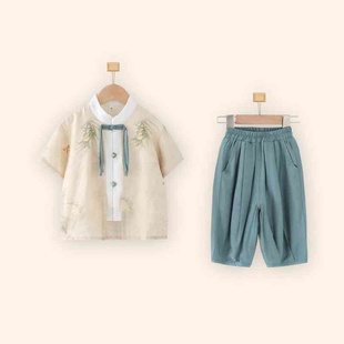 国风新中式 儿童汉服男童短袖 夏季 假两件五六一幼儿园演出服装 套装