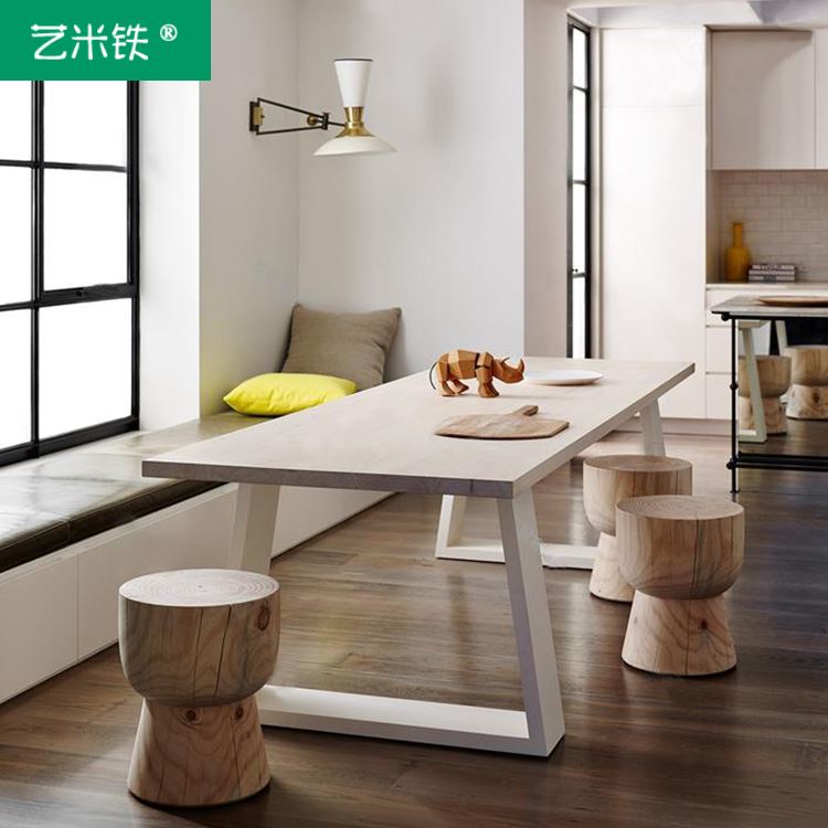 北欧loft复古工业风实木餐桌椅组合简约办公桌铁艺长桌原木墩凳子