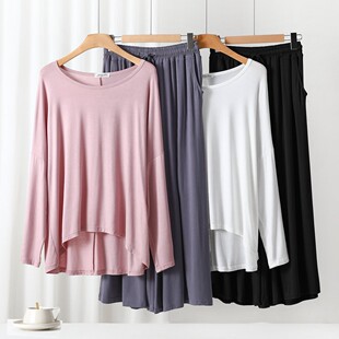 莫代尔前短后长圆领长袖长裤套装 韩款居家服套装 定制简约休闲服