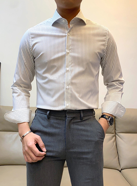 春季新款英伦休闲条纹长袖衬衫男士修身韩版青年帅气潮流百搭衬衣