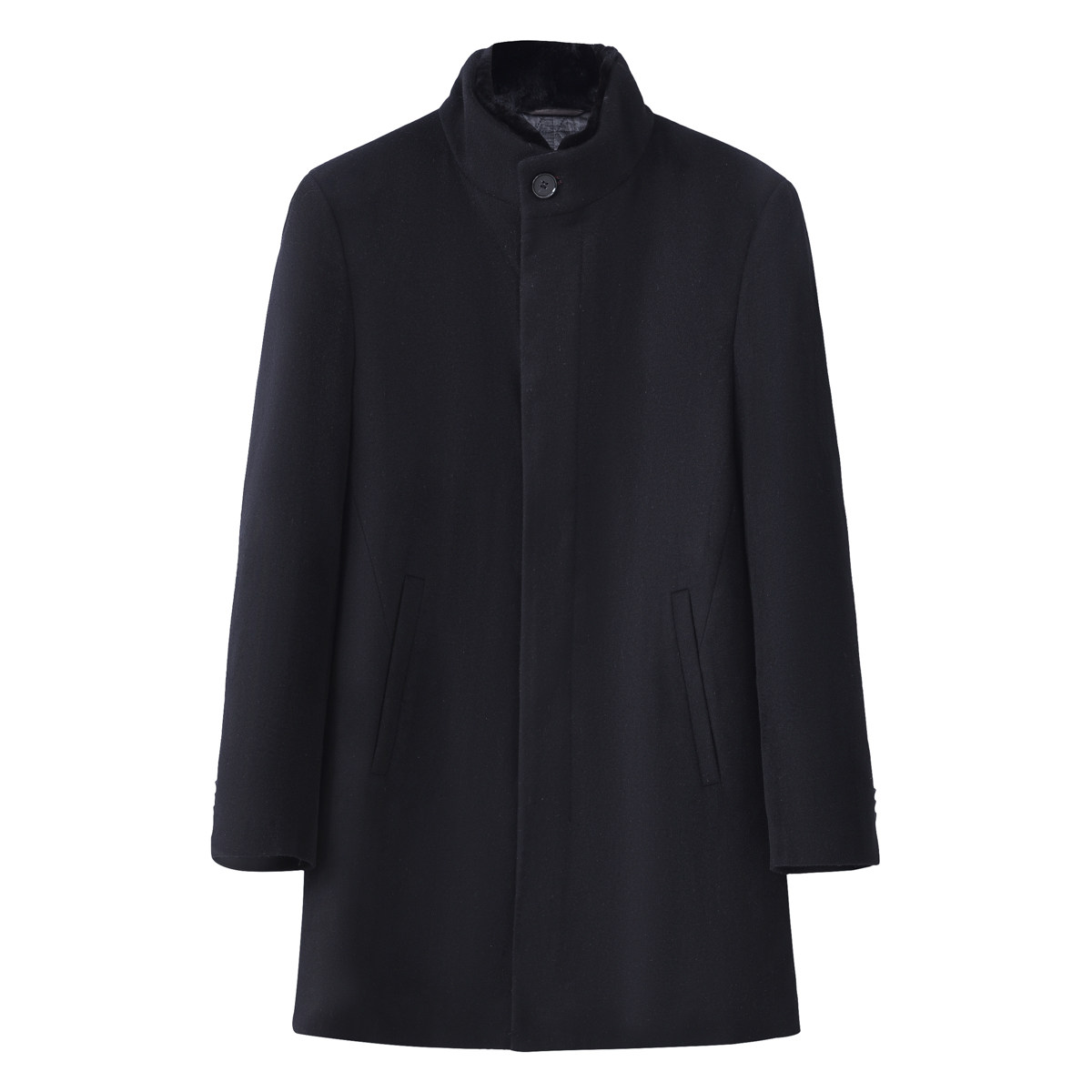 659002藏青 秋冬厚款男士绵羊毛大衣夹棉加厚中长款藏青羊毛外套