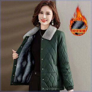 新款妈妈装加绒外套女翻领皮质棉衣时尚防风保暖轻便夹克羽绒棉服