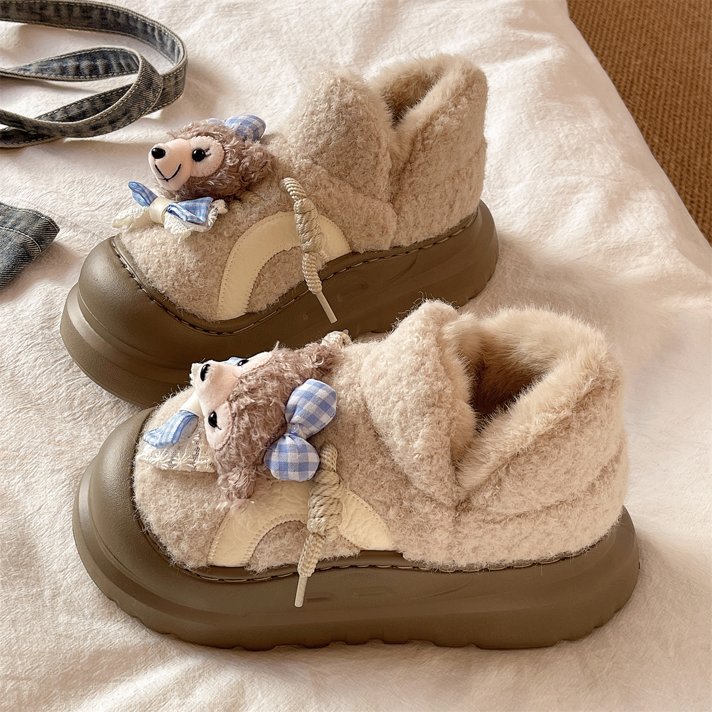 棉拖鞋女冬季厚底外穿加绒加厚居家保暖防滑卡通可爱小熊包跟棉鞋