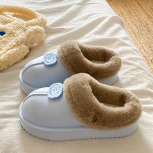 外穿踩屎感室内居家加绒保暖厚底毛毛拖鞋 冬季 女款 防水包头棉拖鞋