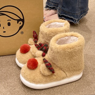 可爱圣诞麋鹿雪地靴女冬季毛绒保暖居家室内外穿防滑高帮包跟棉靴