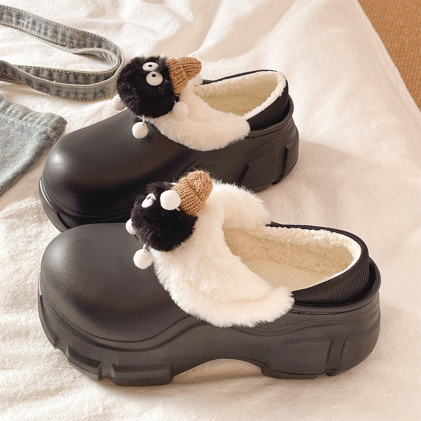 棉拖鞋女冬季可爱煤球室内加绒保暖厚底增高防水防滑外穿包跟棉鞋