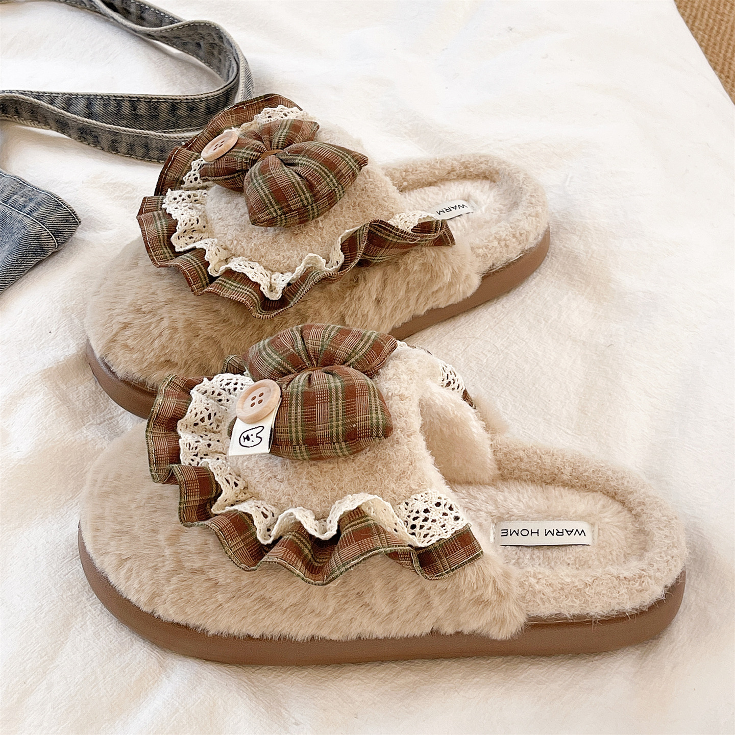 可爱蝴蝶结毛毛鞋女冬季室内居家加绒毛毛保暖防滑厚底包头棉拖鞋