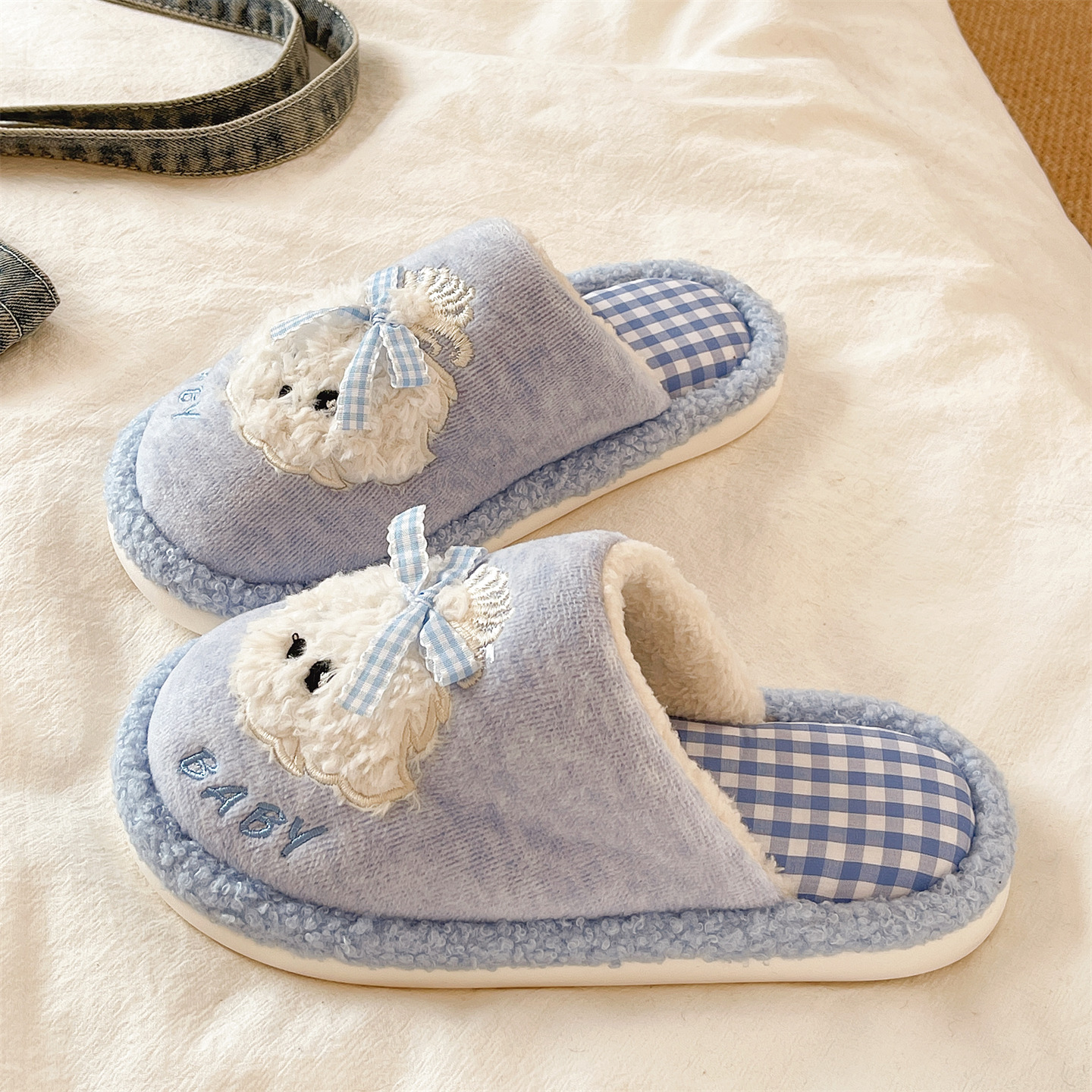 毛毛拖女冬季2025新款可爱蝴蝶结小狗室内居家保暖防滑包头棉拖鞋